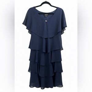 Ignite Evenings Navy Blue Tiered Chiffon Capelet Cocktail Dress